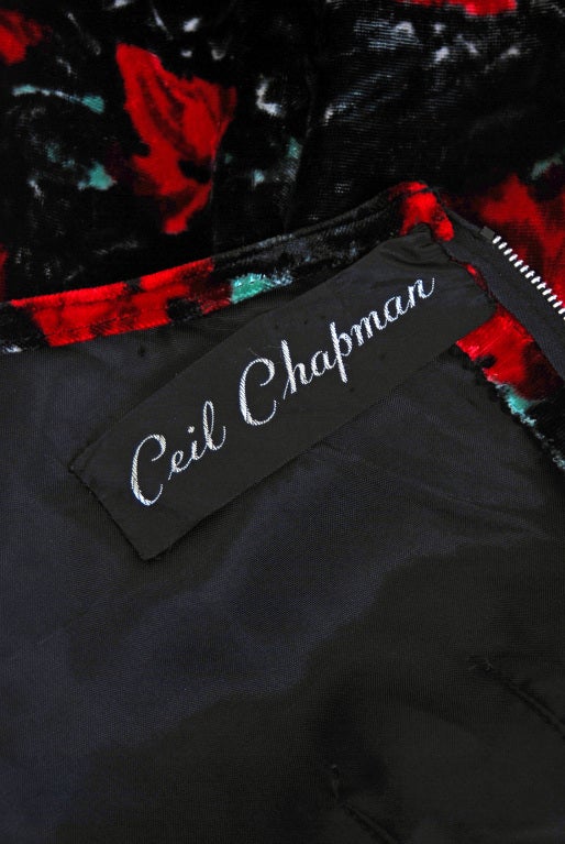 1950's Ceil Chapman Red-Roses Velvet Hourglass Cocktail Dress at 1stdibs
