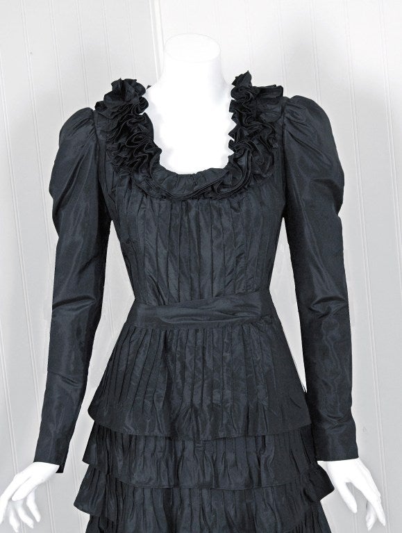 Women's 1971 Yves Saint Laurent  Black Haute-Couture Tiered Silk Dress