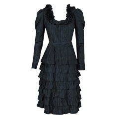 1971 Yves Saint Laurent  Black Haute-Couture Tiered Silk Dress