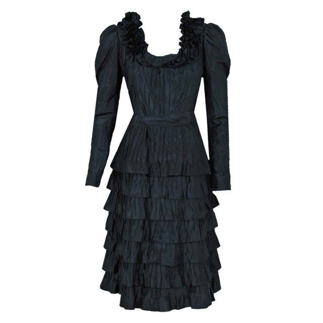 1971 Yves Saint Laurent Black Haute-Couture Tiered Silk Dress at 1stDibs