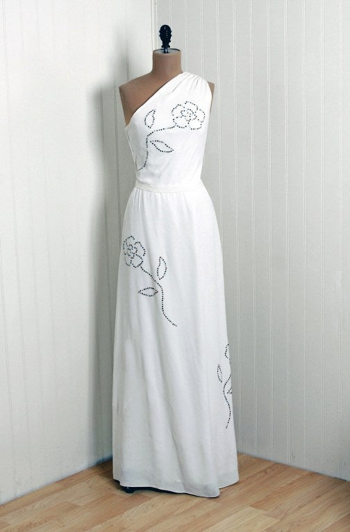 1970's Givenchy One-Shoulder White Rhinestone Grecian Gown