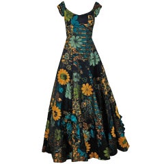 Vintage 1990's Oscar de la Renta Couture Metallic Floral Silk-Brocade Full Evening Gown