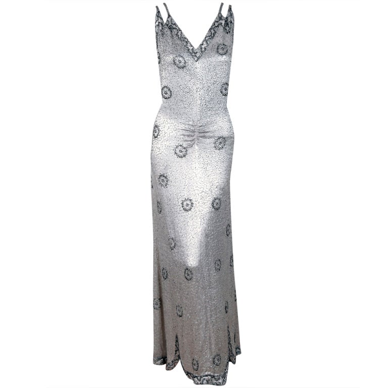 1930
s Elegant Heavily-Beaded White Satin Bias-Cut Larger Size Evening Gown