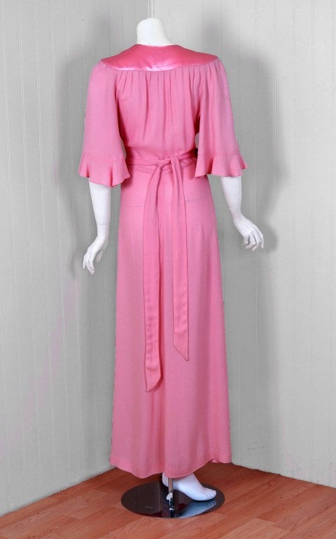 Women's 1970's Ossie Clark Pink Moss-Crepe & Satin Flutter-Sleeve Plunge Gown Dress