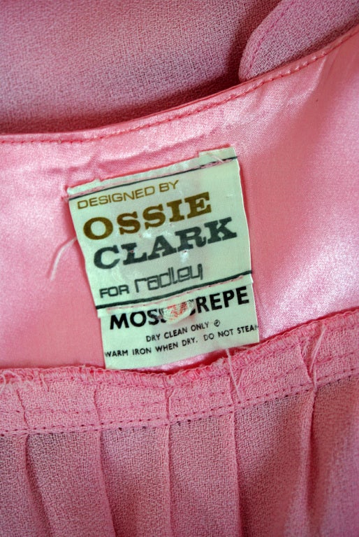 1970's Ossie Clark Pink Moss-Crepe & Satin Flutter-Sleeve Plunge Gown Dress 1