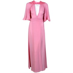 1970's Ossie Clark Pink Moss-Crepe & Satin Flutter-Sleeve Plunge Gown Dress