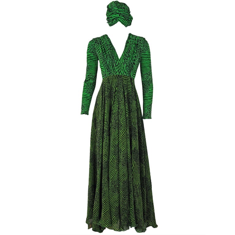 1968 La Mendola Couture Grecian Silk-Chiffon Dress & Turban-Hat