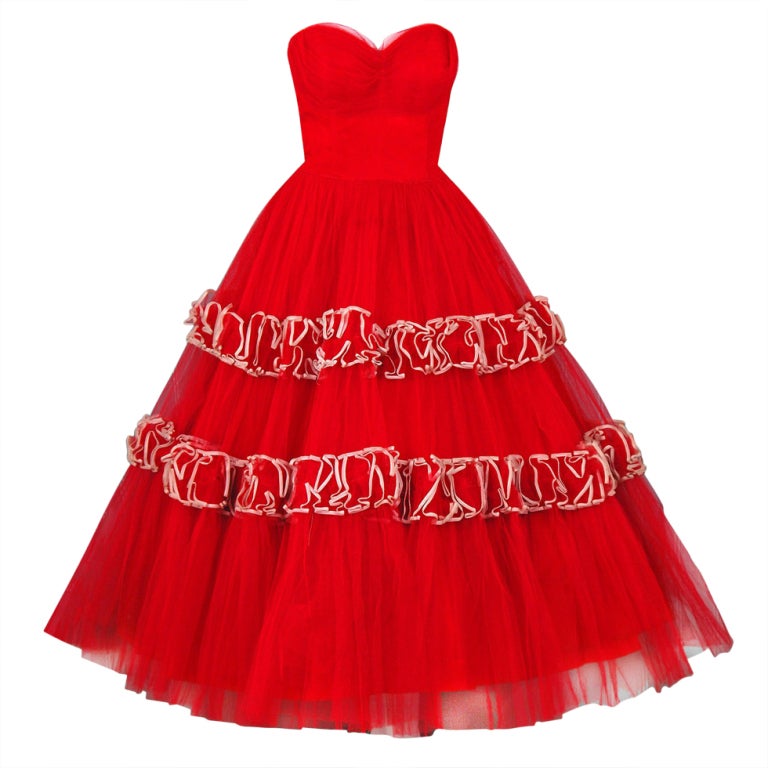 1950's Will Steinman Ruby-Red Tulle Strapless Full Party Dress