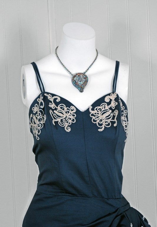 1950's CharcoalGray Embroidered Cotton Peplum Wiggle Dress at 1stDibs