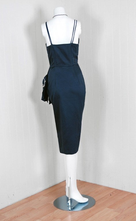 1950's Charcoal-Gray Embroidered Cotton Peplum Wiggle Dress 2