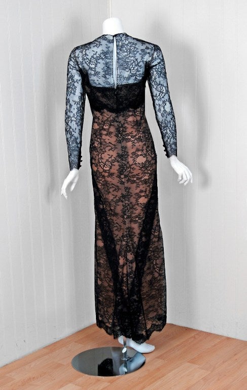 1970's Bill Blass Chantilly-Lace Sheer-Illusion Evening Gown 2