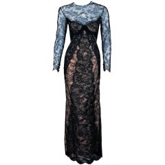 Retro 1970's Bill Blass Chantilly-Lace Sheer-Illusion Evening Gown