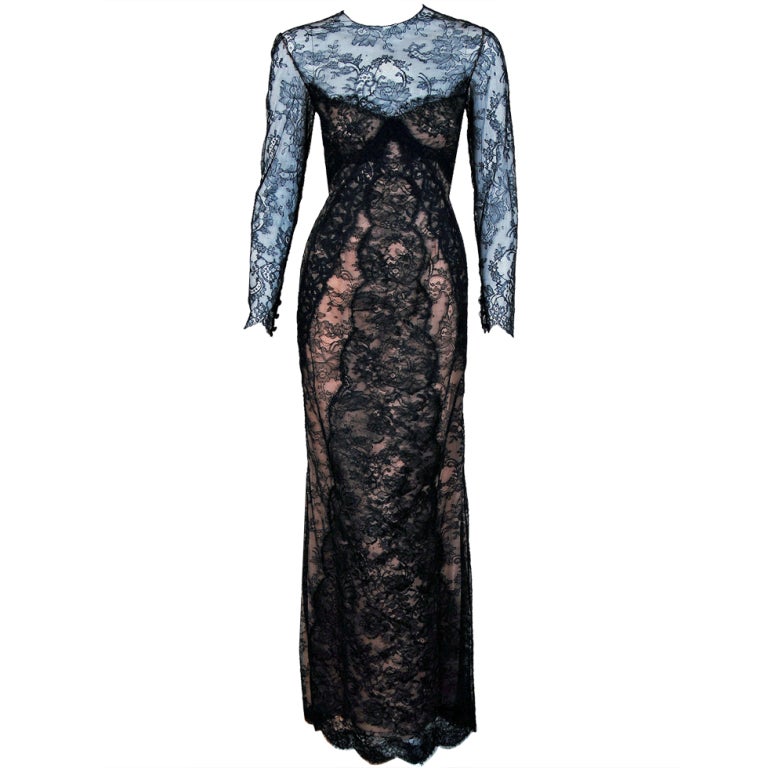 1970's Bill Blass Chantilly-Lace Sheer-Illusion Evening Gown at 1stdibs