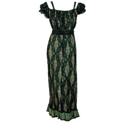 1910's Edwardian Sage-Green Beaded French Floral Lace Off-Shoulder Evening Gown