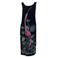 1920's Adair Paris Couture Pink-Stork Scenic Novelty Beaded Silk Flapper Dress