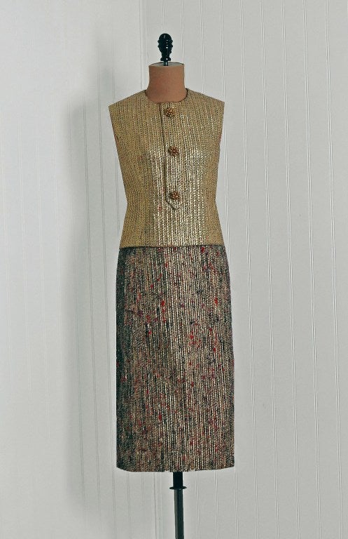 Black 1963 Christian Dior Documented Metallic-Gold Lame & Textured Wool Dress Suit
