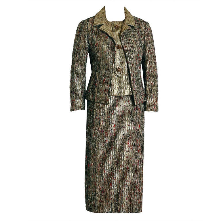 1963 Christian Dior Documented Metallic-Gold Lame & Textured Wool Dress Suit For Sale