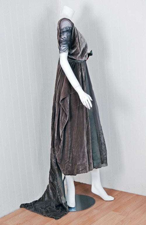 1910's Edwardian Couture Silver Lame & Velvet Gown with Train 2