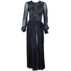 1970's Chanel Haute-Couture Black Silk Chiffon Beaded Evening Gown