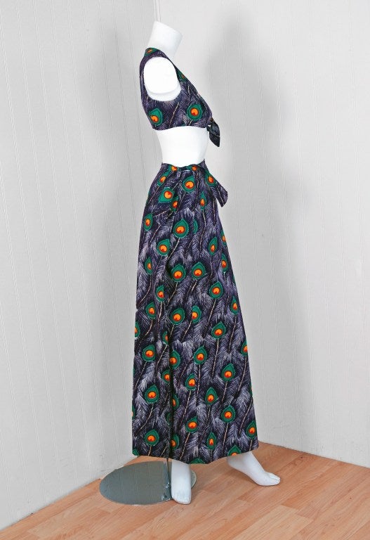 Fantastic 1960's peacock feather novelty-print resort two-piece ensemble from Bangkok. This would have been made for the wealth tourist market in Thailand. These ensembles are the absolute epitome of the 1960's colorful length and wraps to close on