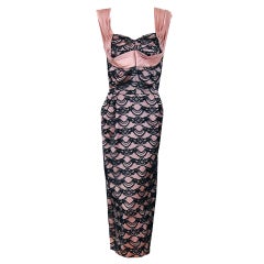 Vintage 1940's Seductive Pink-Satin & Black-Lace Illusion Shelf-Bust Cocktail Wiggle Dress