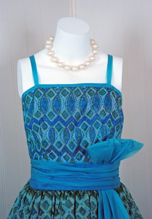 1950's Atomic-Blue Metallic Silk Organza Peplum Full Party Dress