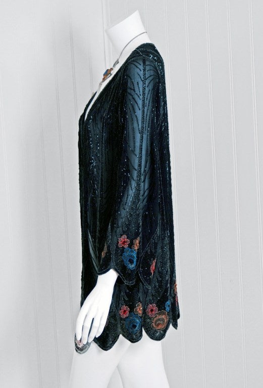 Women's 1920's Beaded Sequin Scenic Floral Silk-Chiffon Flapper Jacket