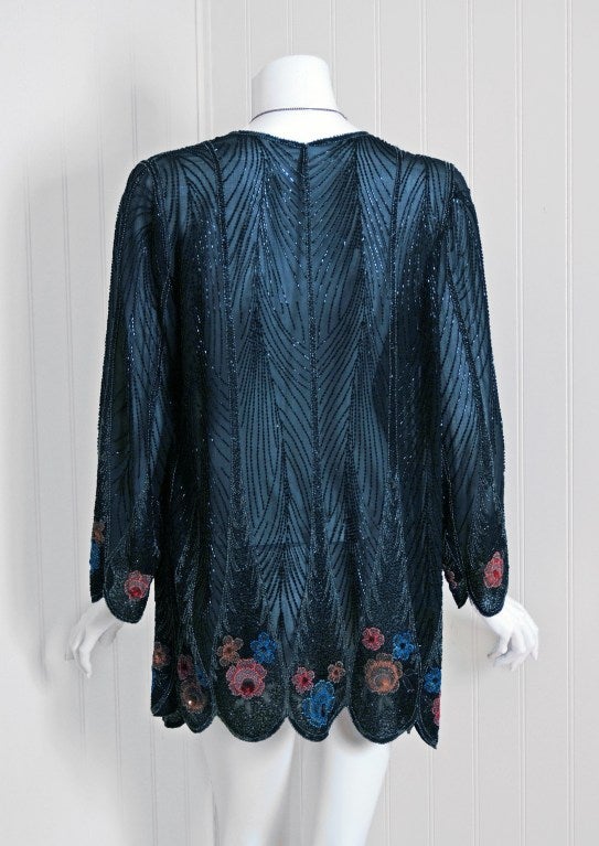 1920's Beaded Sequin Scenic Floral Silk-Chiffon Flapper Jacket 2