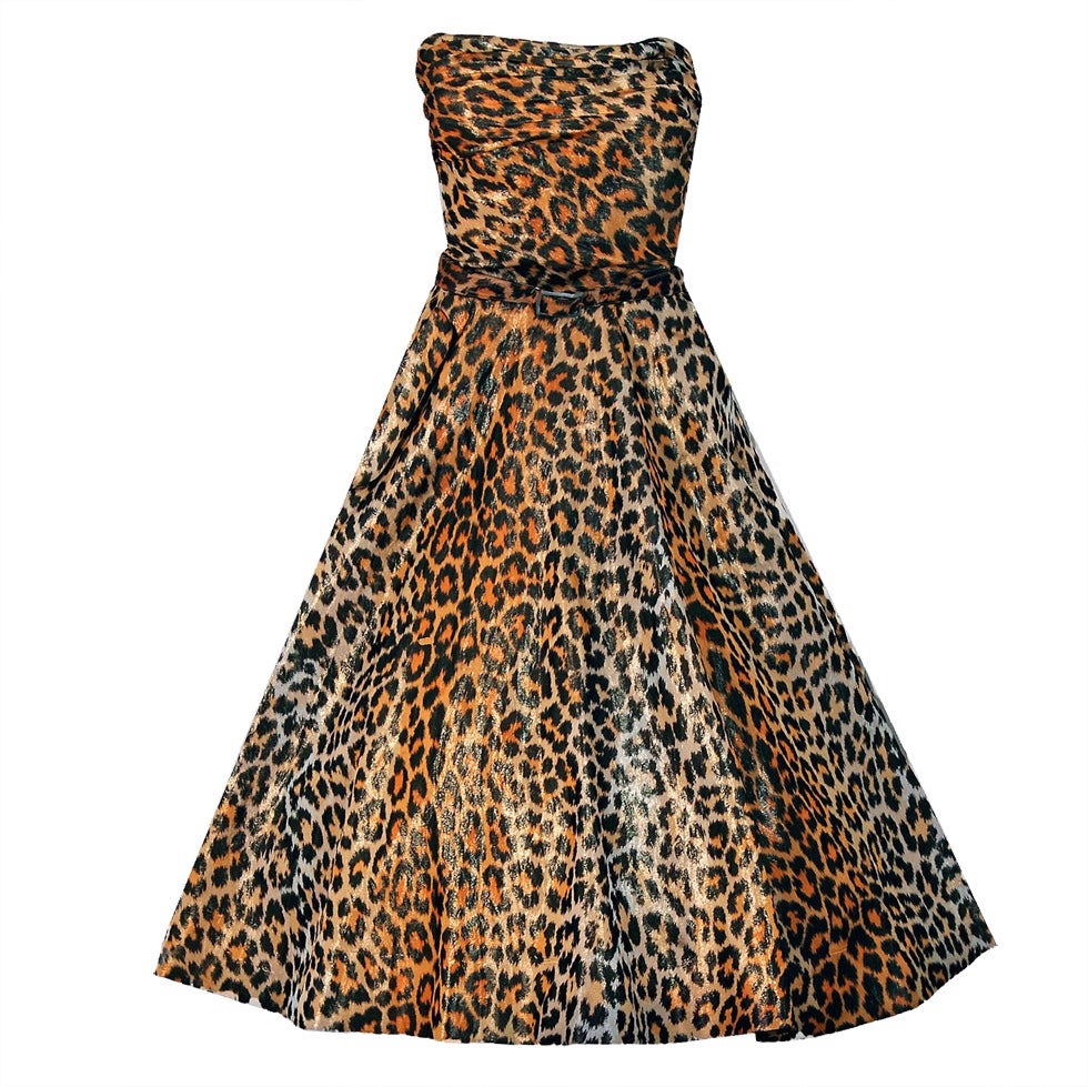 1950's Nettie Rosenstein Metallic Leopard-Print Strapless Full Party Dress