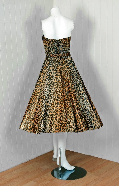 Women's 1950's Nettie Rosenstein Metallic Leopard-Print Strapless Full Party Dress