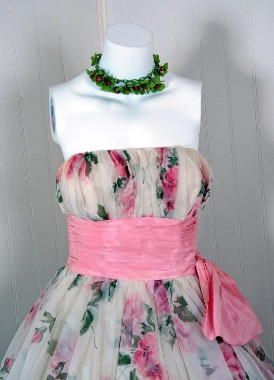 Women's 1950's Watercolor Pink-Roses Floral Strapless Full Party Dress