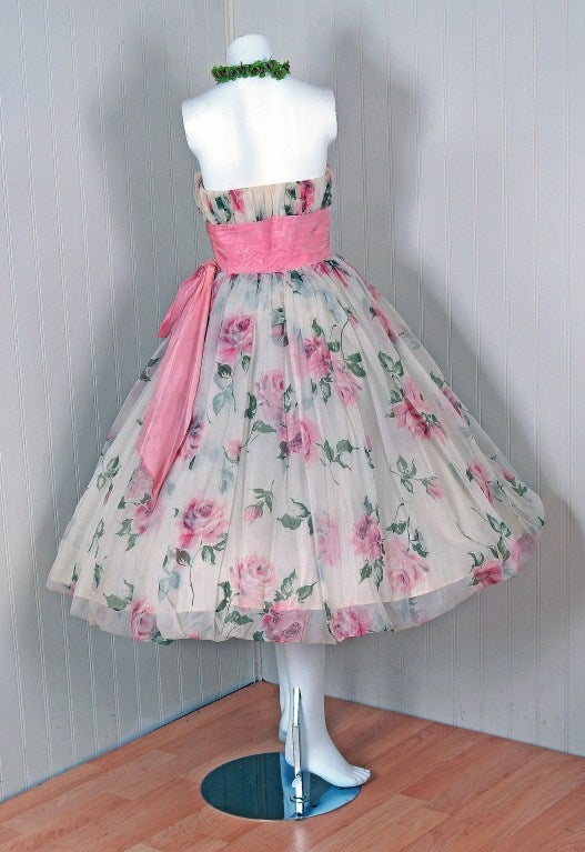 1950's Watercolor Pink-Roses Floral Strapless Full Party Dress 2