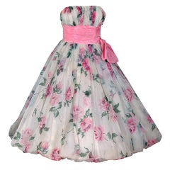 Vintage 1950's Watercolor Pink-Roses Floral Strapless Full Party Dress
