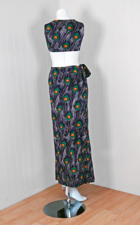 1960's Peacock-Feather Novelty Print Cotton Two-Piece Resort Ensemble Set 1