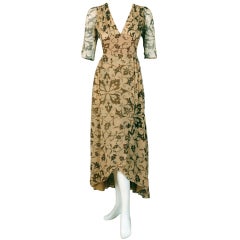 1970's Thea Porter Gold Beige Print Smocked Silk-Chiffon Dress 7