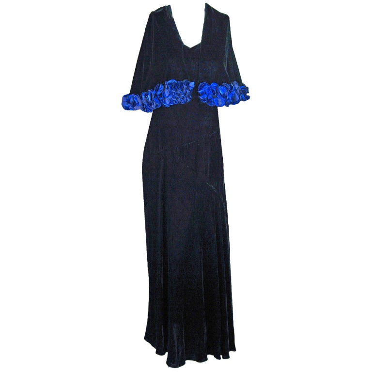 1932 Molyneux Haute-Couture Applique Floral Silk-Velvet Gown
