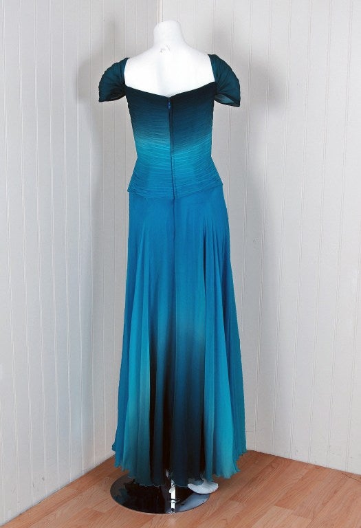 1970's Vicky Tiel Blue-Ombre Ruched Silk-Chiffon Grecian Gown 2