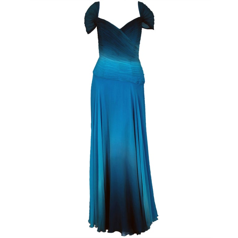 1970's Vicky Tiel Blue-Ombre Ruched Silk-Chiffon Grecian Gown