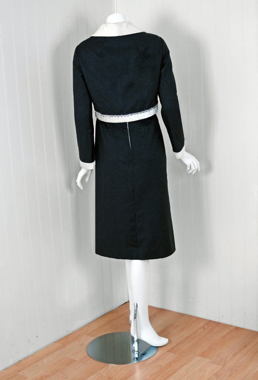 Women's 1960's Malcolm Starr Beaded Rhinestone Gray Wool & Ivory Silk Mod Dress Suit