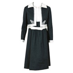 1960's Malcolm Starr Beaded Rhinestone Gray Wool & Ivory Silk Mod Dress Suit