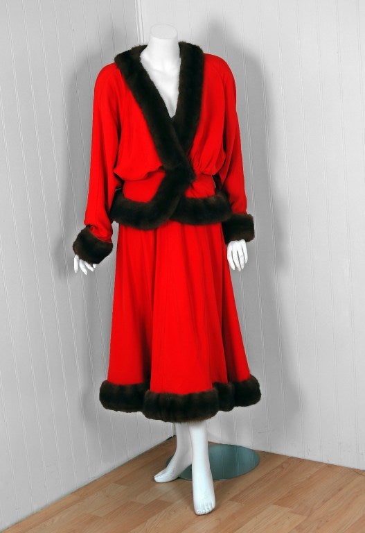 This extremely rare Lanvin Haute-Couture evening dress ensemble, in the most stunning red-orange silk and genuine mink-fur, is a statement dress. I love the beautiful mix of textures and regal russian-princess vibe. It manifests opulence and makes