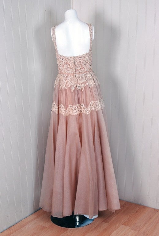 1950's Elizabeth Arden Beaded Champagne Organza & Lace Gown 2