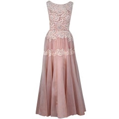 Used 1950's Elizabeth Arden Beaded Champagne Organza & Lace Gown