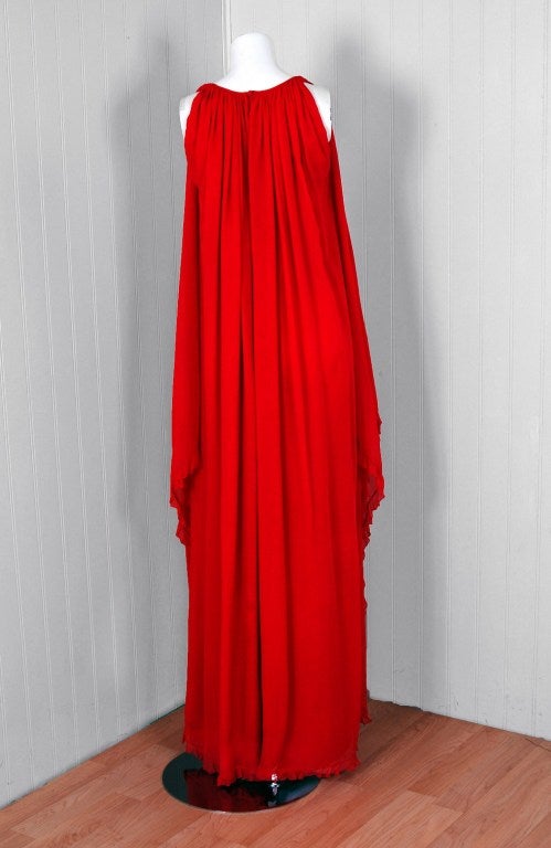 1970's Galanos Red Silk-Chiffon Draped Grecian Goddess Gown 1