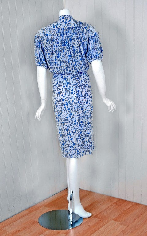 1980's Chanel Blue & White Logo-Print Silk Puff-Sleeve Day Dress 1