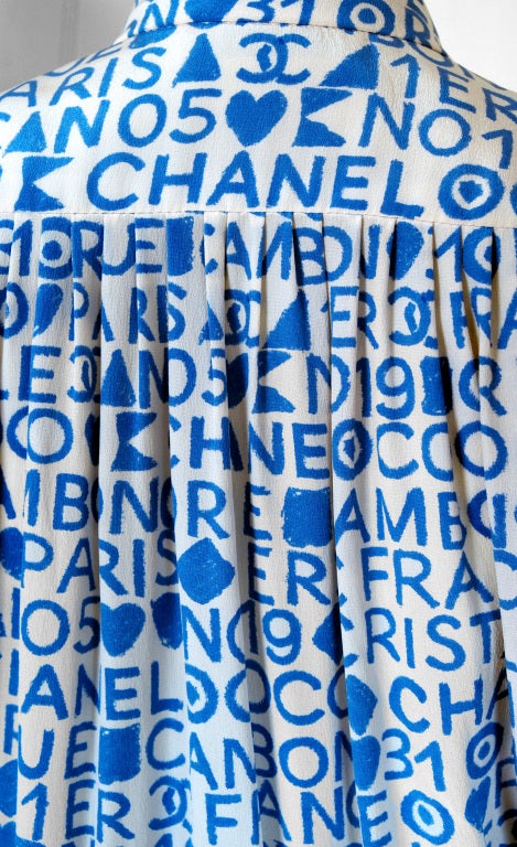 1980's Chanel Blue & White Logo-Print Silk Puff-Sleeve Day Dress 2