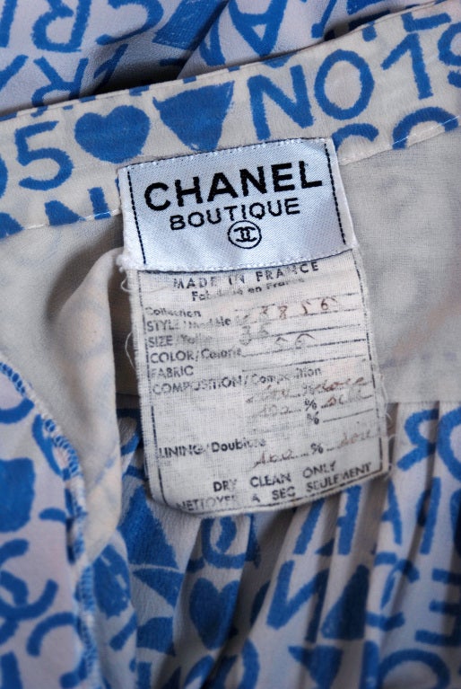 1980's Chanel Blue & White Logo-Print Silk Puff-Sleeve Day Dress 3