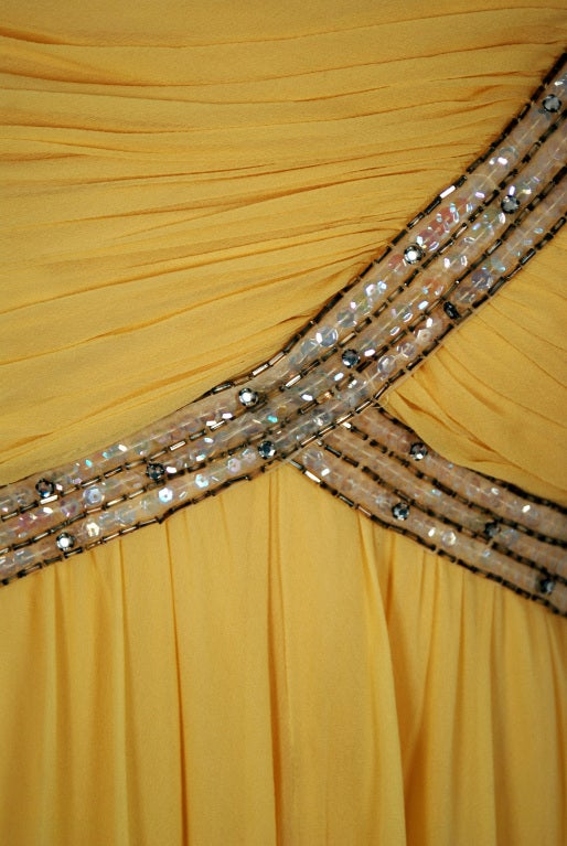 Women's 1960's Yellow Ruched Silk-Chiffon Sequin Rhinestone Party Dress