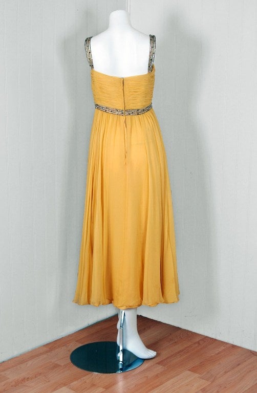 1960's Yellow Ruched Silk-Chiffon Sequin Rhinestone Party Dress 1