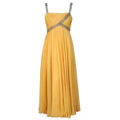 1960's Yellow Ruched Silk-Chiffon Sequin Rhinestone Party Dress